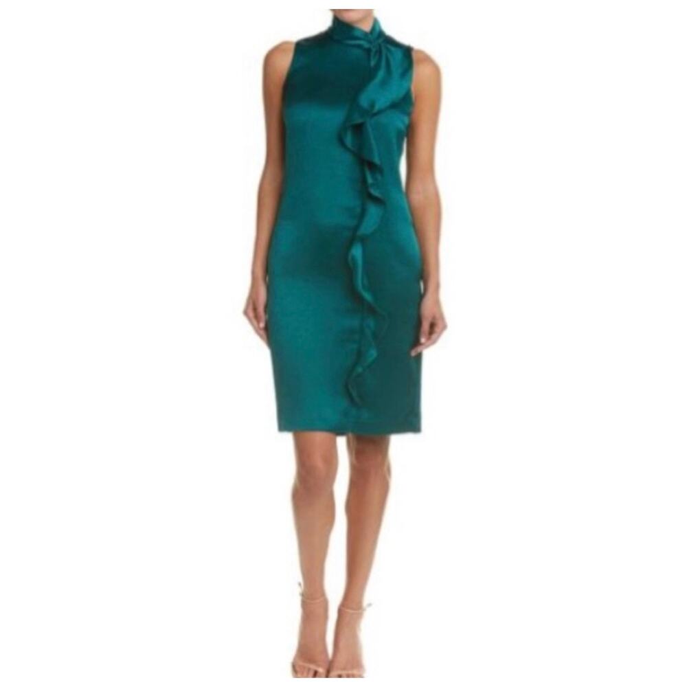 Reiss Lola Satin Ruffle Belted Cocktail Dress Emerald Green Sleeveless Size 10 - Picture 3 of 11